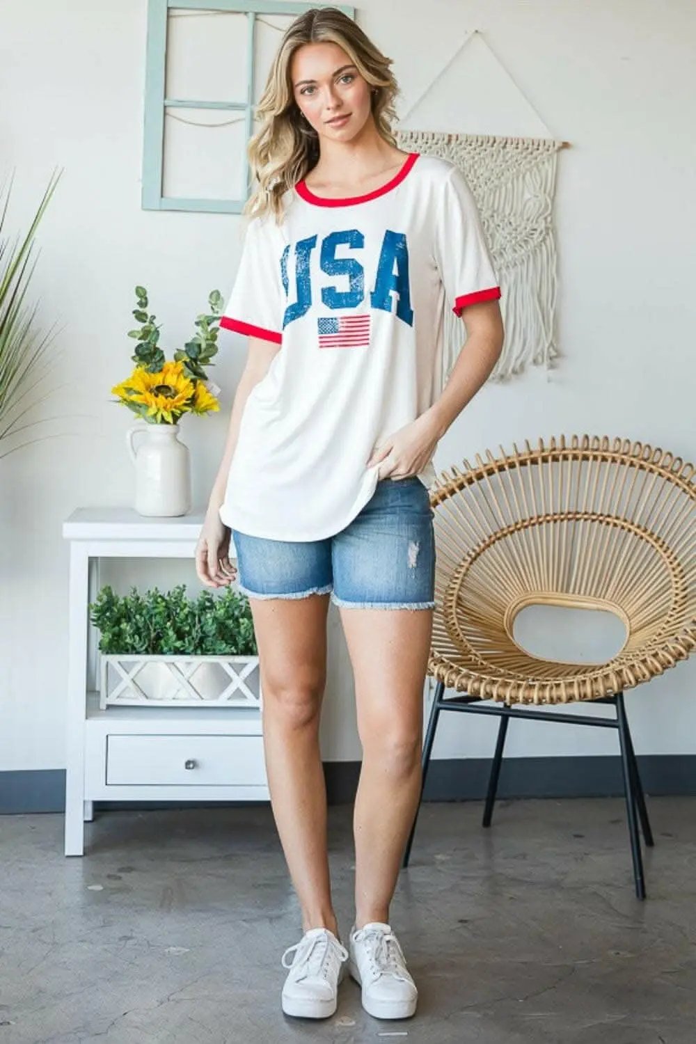 Heimish Full Size USA Contrast Trim Short Sleeve T-Shirt - Love Salve